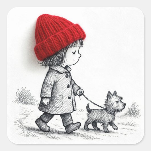 Little Girl In Red Hat Walking Her Dog スクエアシール (正面)
