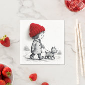 Little Girl In Red Hat Walking Her Dog スタンダードカクテルナプキン (インサイチュ)