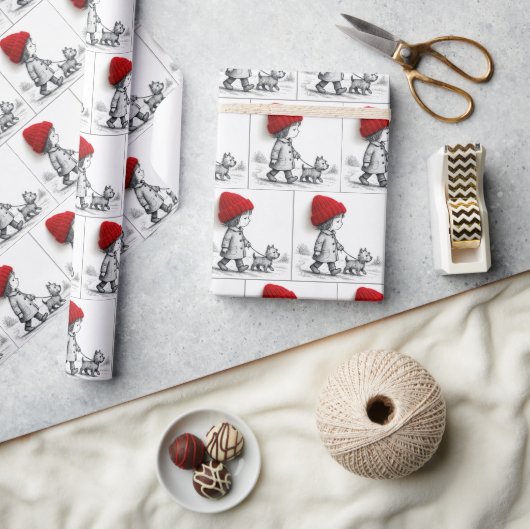 Little Girl In Red Hat Walking Her Dog ラッピングペーパー (クラフト)