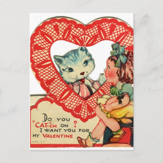 Little Girl & Kitten Vintage Valentine Postcard ポストカード (正面)