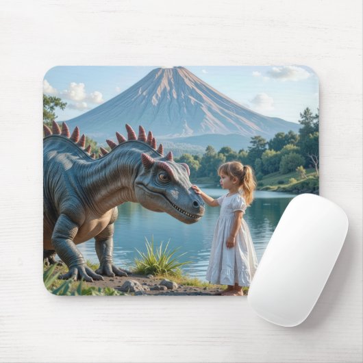 Little Girl Petting a Dinosaur マウスパッド (マウス)