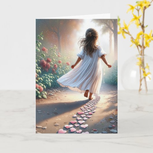 Little Girl Running Down a Pink Heart Path カード (黄色い花)