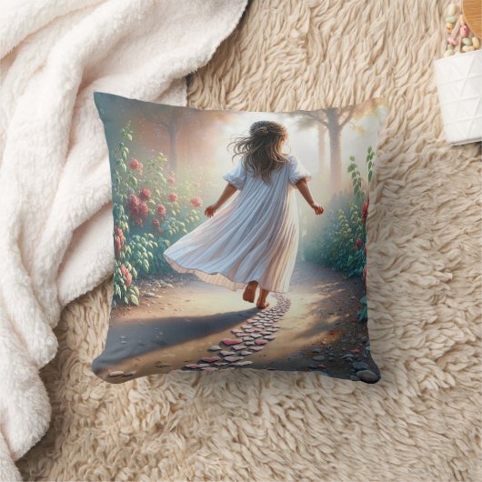 Little Girl Running On a Pink Heart Path クッション (ブランケット)