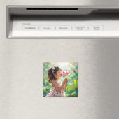 Little Girl Smelling a Pink Rose Personalized マグネット (インサイチュ (食洗機))