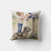 Little Girl Standing On a Dog To Mail a Letter クッション (正面)