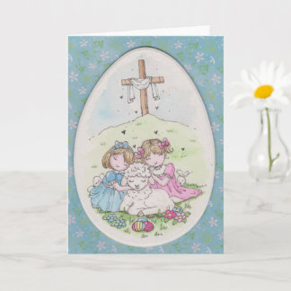 Little Girls and Little Lamb on Easter Morning カード