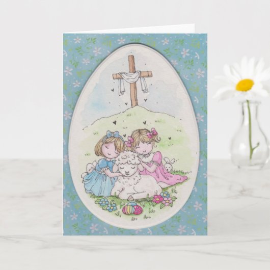 Little Girls and Little Lamb on Easter Morning カード (小さな植物)