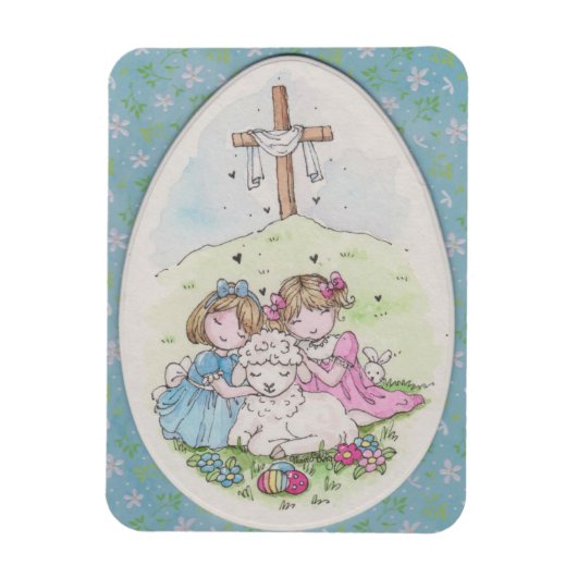 Little Girls and Little Lamb on Easter Morning マグネット (縦)