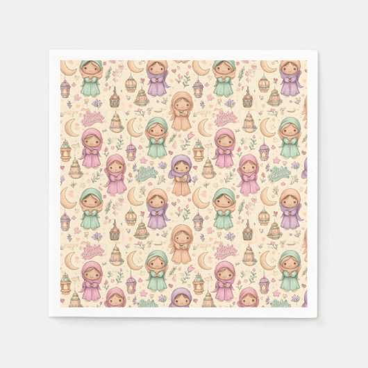 Little Girls Colourful Eid Mubarak Napkins スタンダードカクテルナプキン (正面)