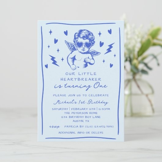 Little Heartbreaker Valentines Boy 1st Birthday 招待状 (スタンド正面)