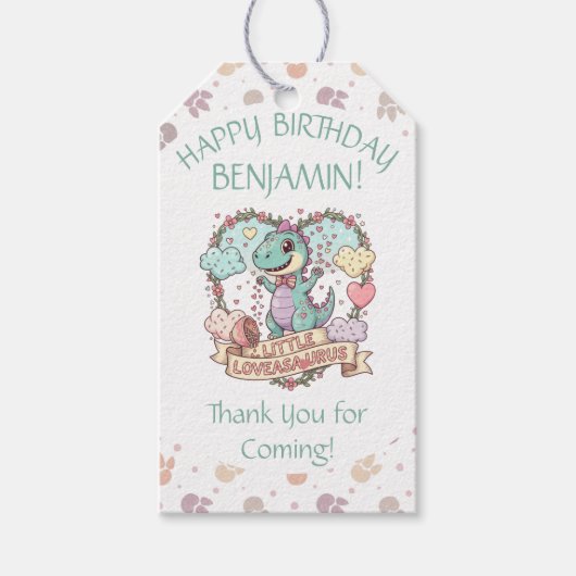 Little Hearts Dino Birthday Personalized ギフトタグ (正面)