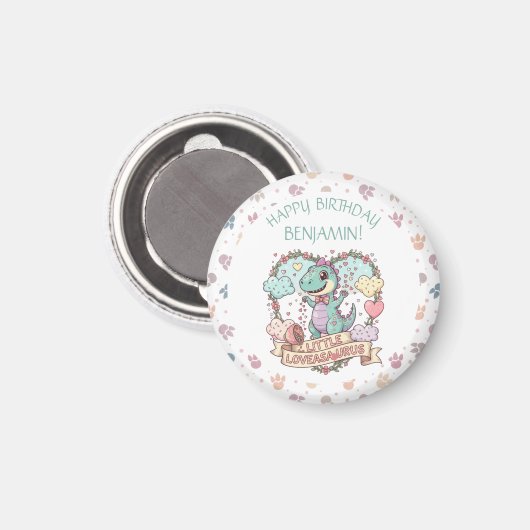 Little Hearts Dino Birthday Personalized マグネット (正面/裏面)