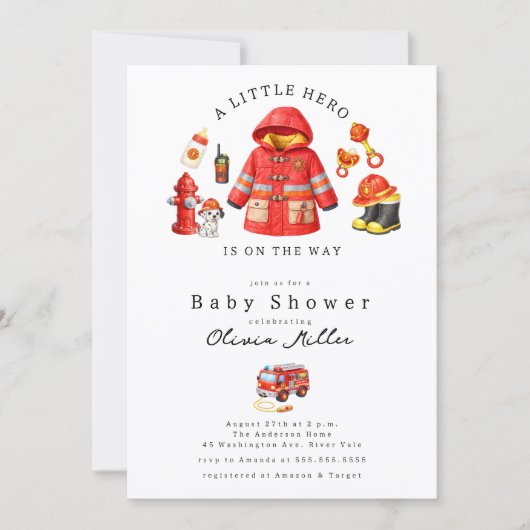 Little Hero Firefighter Baby Shower 招待状 (正面)