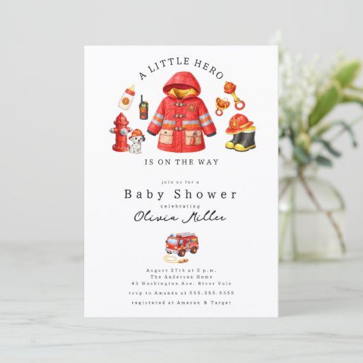 Little Hero Firefighter Baby Shower 招待状 (スタンド正面)