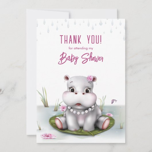 Little Hippo Girl Baby Shower Thank You サンキューカード (正面)