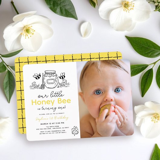 Little Honey Bee Photo Hand-drawn 1st Birthday 招待状