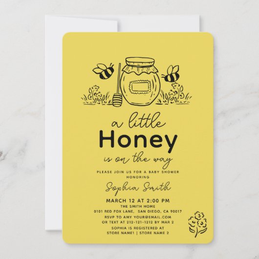 Little Honey Hand-drawn Bee Baby Shower 招待状 (正面)