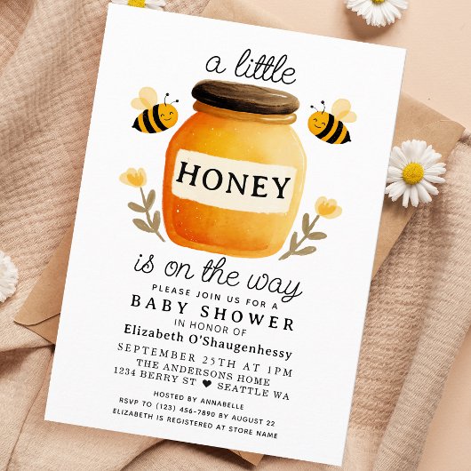 Little Honey Watercolor Bee Baby Shower 招待状