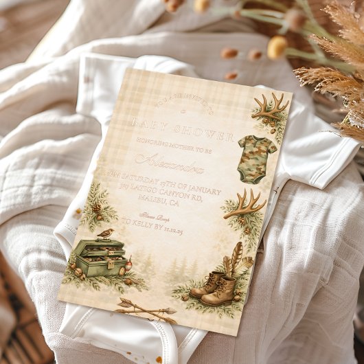 Little Hunter Woodland Keepsake Baby Shower 箔招待状