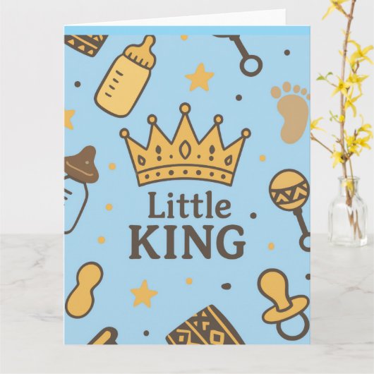 “Little King Baby Shower Banner – Blue & Gold Crow カード (黄色い花)