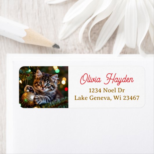 Little Kitten on Christmas Tree ラベル (インサイチュ)