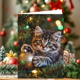 Little Kitten on Christmas Tree Personalized シーズンカード