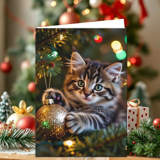 Little Kitten on Christmas Tree Personalized シーズンカード