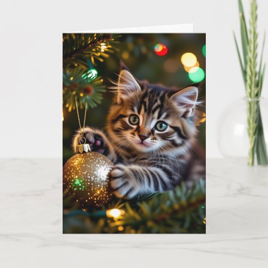 Little Kitten on Christmas Tree Personalized シーズンカード (正面)