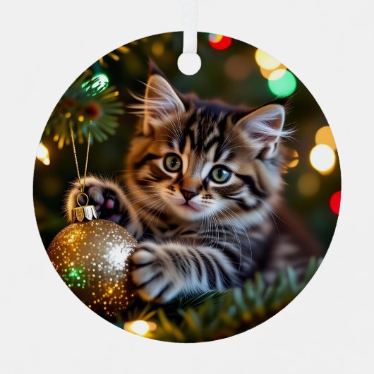 Little Kitten on Christmas Tree Personalized メタルオーナメント (正面)