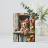 Little Kitten Sleeping in Garden Shed with Bloomin ポストカード (スタンド正面)