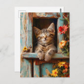 Little Kitten Sleeping in Garden Shed with Bloomin ポストカード (正面/裏面)