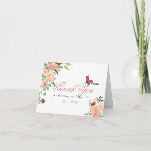 Little Lady Ladybug Roses Baby Shower サンキューカード (正面)