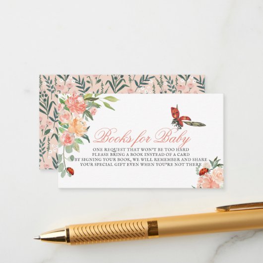 Little Lady Ladybug Roses Baby Shower Book Request エンクロージャーカード (正面/裏面インサイチュ)