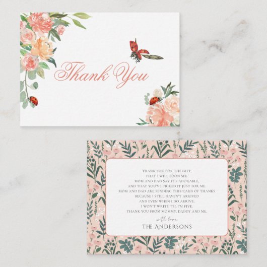 Little Lady Ladybug Roses Baby Shower Thank You ノートカード (正面/裏面)