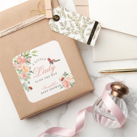 Little Lady Ladybug Roses Girl Baby Shower スクエアシール (ギフト)