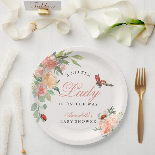 Little Lady Ladybug Roses Girl Baby Shower ペーパープレート (ウェディング)