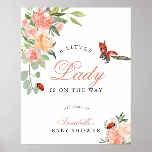 Little Lady Ladybug Roses Girl Baby Shower Welcome ポスター (正面)