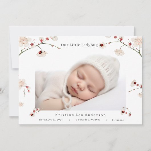 Little Ladybug Baby Girl Birth Announcement 招待状 (正面)