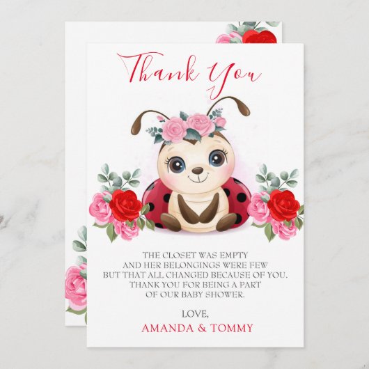 Little Ladybug Girl Baby Shower Thank You サンキューカード (正面/裏面)