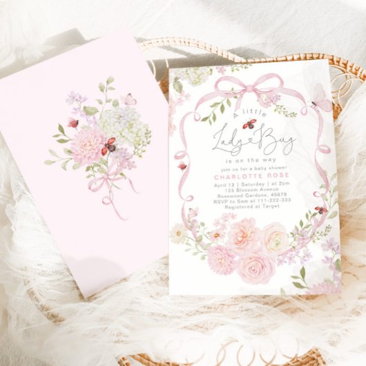 Little Ladybug Pink Bow Wildflower Baby Shower 招待状