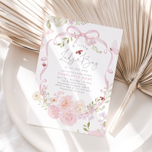 Little Ladybug Pink Bow Wildflower Baby Shower 招待状