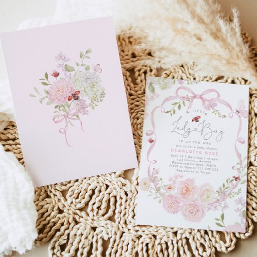 Little Ladybug Pink Bow Wildflower Baby Shower 招待状