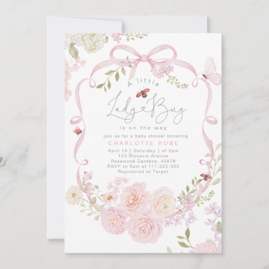 Little Ladybug Pink Bow Wildflower Baby Shower 招待状 (正面)