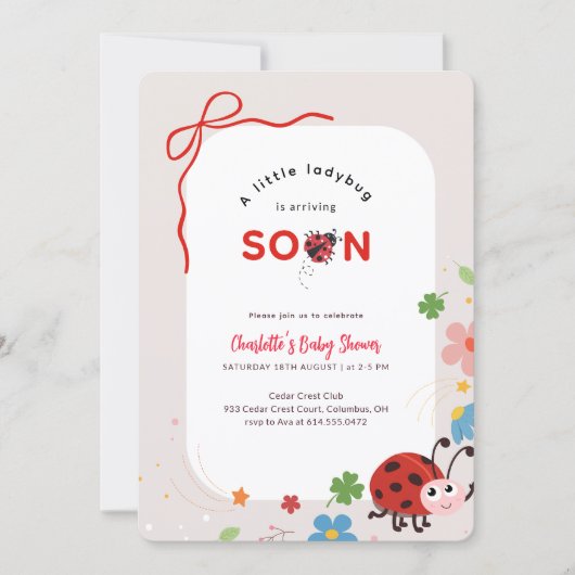 Little Ladybug Red Bow Floral Baby Shower 招待状 (正面)