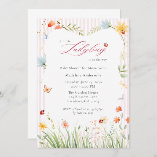 Little Ladybug Wildflower Baby Shower 招待状 (正面/裏面)