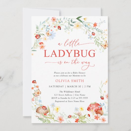 Little Ladybug Wildflower Girl Baby Shower 招待状 (正面)