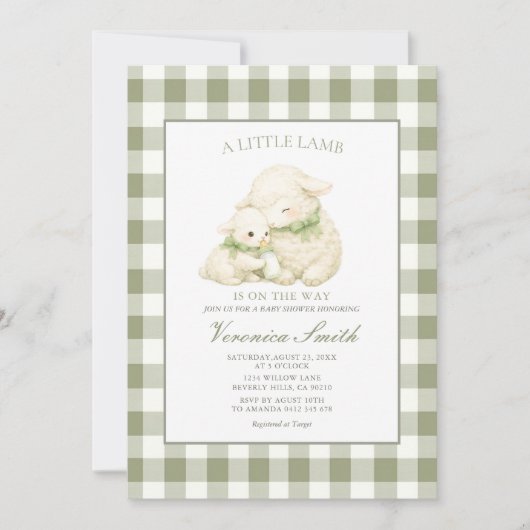 Little Lamb Sage Gingham Baby Shower 招待状 (正面)