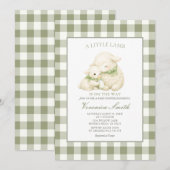 Little Lamb Sage Gingham Baby Shower 招待状 (正面/裏面)