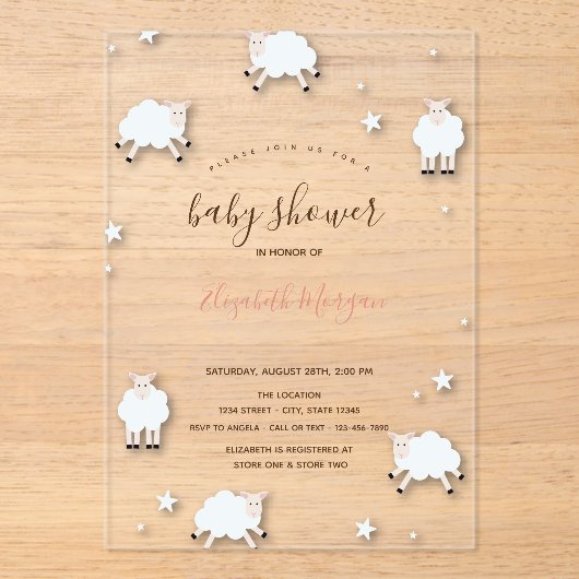 Little Lamb Sheeps Cloud Stars Baby Shower  アクリル招待状 (正面)