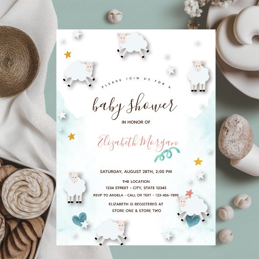 Little Lamb Sheeps Cloud Stars Baby Shower  招待状